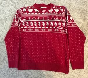 H&M L.O.G.G. Men's Red Holiday Knit Crewneck Sweater, 100% Cotton, Medium